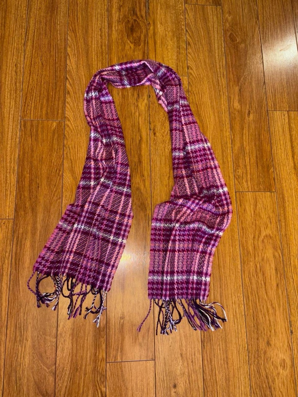 Purple and white plaid scarf with fringe